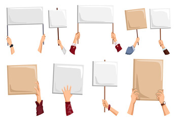 Fototapeta premium Hand holding empty placards with place for text. Person hand holding blank cards or signs. Set of isolated banners on white. Vector illustration can be used for competition, tournament or contest