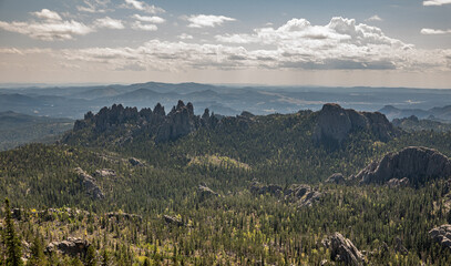 Cathedral Spires, Black Hills, South Dakota, from Black Elk Peak.  Ominous spires of dark black...