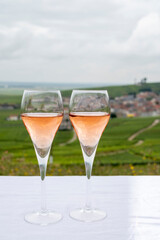 Tasting of rose brut champagne wine with view on green pinot noir grand cru vineyards of famous champagne houses in Montagne de Reims near Verzenay, Champagne, France