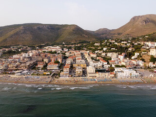 Fototapeta premium Aerial view on old and new parts of Sperlonga, ancient Italian city in province Latina on Tyrrhenian sea, tourists vacation destination