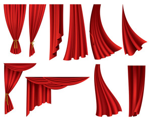Collection of realistic red curtains. Theater fabric silk decoration for movie cinema or opera hall. Curtains and draperies interior decoration object. Isolated on white for theater stage - obrazy, fototapety, plakaty