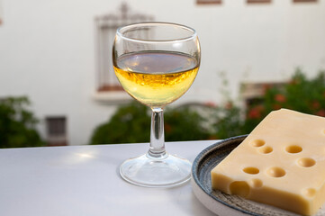 Cheese collection, semi-hard French cheese emmentaler with round holes made from cow milk served with sweet white wine