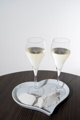 Blanc de blancs brut champagne sparkling wine made from chardonnay grapes growing on white chalk soils in Cote des Blances near Epernay, Champagne, France