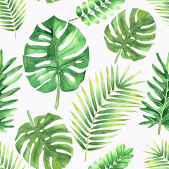 Fototapeta na wymiar Watercolor seamless pattern on a white background. Monochrome pattern of different types of tropical leaves. Print for fabric, wallpaper, packaging