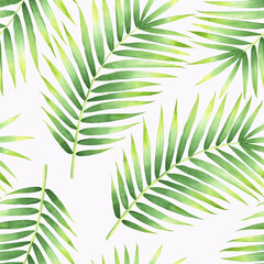 Palm leaves with gradient. Watercolor seamless pattern on a white background. trendy tropical leaves