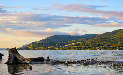Lake Attersee in Alps mountains, Austria. Beautiful sunset landscape. 