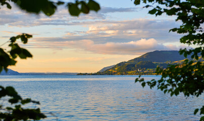 Lake Attersee in Alps mountains, Austria. Beautiful sunset landscape. 