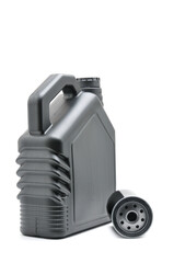 Car engine oil container and engine oil filter isolated on white background