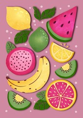 Poster with fruit. Fruit collection for prints, cards, interior design, stationery. Cut out lemon, lime, watermelon, kiwi, banana, grapefruit and dragon fruit. Tropical print