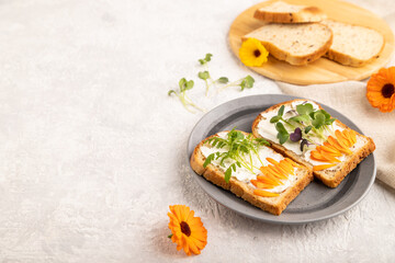 White bread sandwiches with cream cheese, calendula and microgreen on gray. side view, copy space.