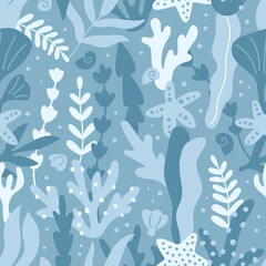 Fototapeta na wymiar Vector sea seamless pattern with hand drawn seaweeds, corals and starfish. Aquarium water plants on blue background. Underwater plants silhouette.