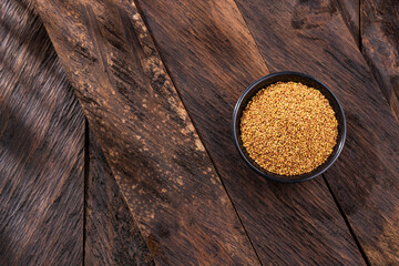 Organic alfalfa seeds in the bowl - Medicago sativa