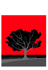 Dramatic feeling. Black lone tree on a background of red sky. Vector image for prints, poster and illustrations.