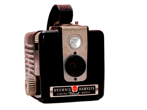 Vintage Kodak Brownie Hawkeye film camera isolated on white background