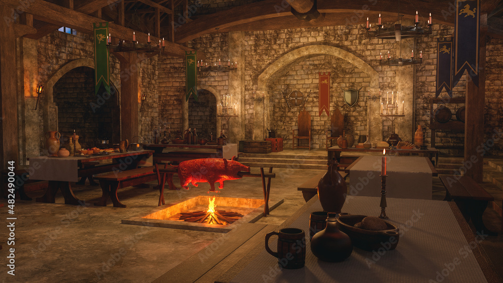 Poster medieval viking dining hall interior with a boar roasting over an open fire. 3d rendering.