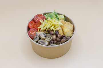 Vegeterian seafood bowl with smoked salmon, shrimp, avocado in take out paper container. Close up, copy space, top view, background.