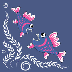 predatory evil piranha fish. Fabulous underwater world. Styling, cartoon style