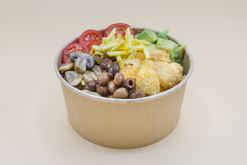 Vegeterian seafood bowl with smoked salmon, shrimp, avocado in take out paper container. Close up, copy space, top view, background.