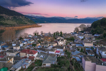Fototapeta na wymiar Ioannina city in Greece, Aslan Pasha Tzami, the lake with the island of Kyra Frosini or nissaki.