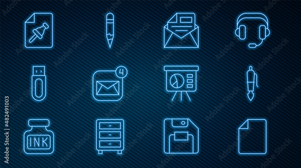 Aufkleber set line file document, fountain pen nib, mail and e-mail, envelope, usb flash drive, note paper wit
