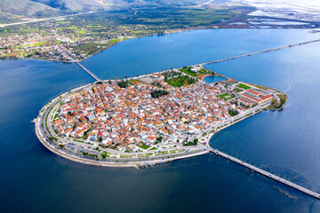 Aerial drone view of the famous island - fishing village of Aitoliko in Aetolia - Akarnania, Greece...