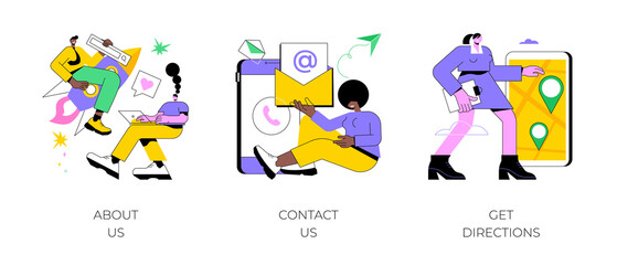 Company information abstract concept vector illustration set. About us, contact us, get directions, website menu, starting web page, business profile, office information, navigation abstract metaphor.