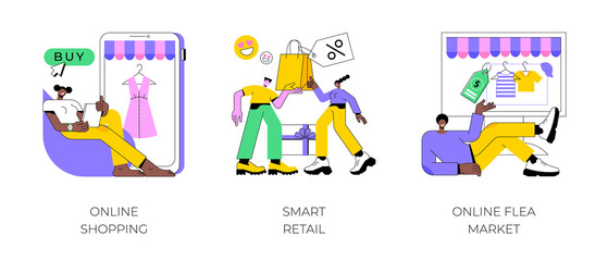 E-commerce platform abstract concept vector illustration set. Online shopping, smart retail, online flea market, internet store, mobile application, digital product catalog, auction abstract metaphor.