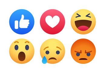 Thumb up, heart and emoji icons set. Flat emoji on white background. Vector illustration