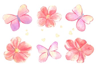 Fototapeta premium Сute watercolor flowers and butterflies on an isolated white background