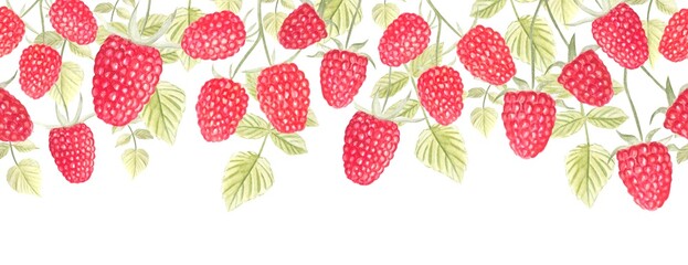 Seamless border.Watercolor seamless frame - illustration with raspberries, green leaves for wedding stationery, greetings, postcards.border
