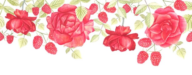 Watercolor seamless border - illustration with light red roses, green leaves,raspberries , for wedding stationery, greetings, postcards.