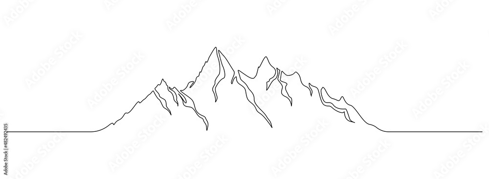 Wall mural One continuous line drawing of mountain ridge landscape. Web banner with mounts and high peak in simple linear style. Adventure winter sports and hiking tourism concept. Doodle vector illustration