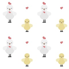 Flat vector illustration with cute and simple seamless pattern of hen and chicks 
