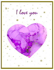 Postcard to Valentine's Day. Love heart and signature I love you. alcohol ink