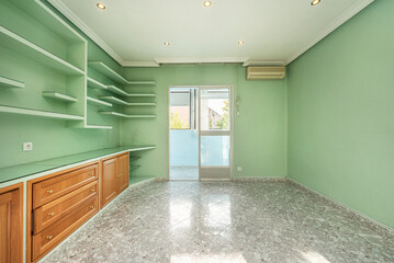 Fototapeta premium Residential living room with plain green painted walls, plaster and wood shelving and sky blue deck