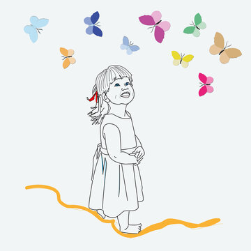 Girl with butterflies. Drawing for children's books, magazines, postcards.