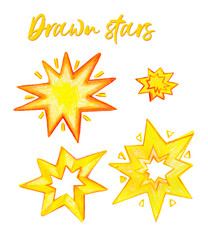 Obraz premium Pencil drawn yellow stars clipart, bright drawn stars, isolated objects, shining, cartoon elements, childish, 