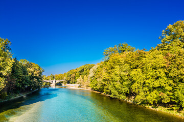 Colorful trees at the Isar in the center of Munich