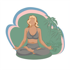 Isolated vector illustration on white background woman doing yoga in lotus pose on tropical background