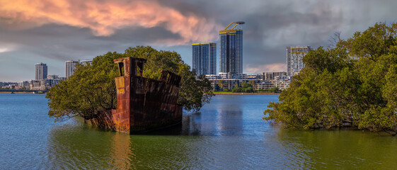Sunset rusted shipwreck in a mangrove area on Wentworth point Parramatta River Sydney NSW Australia 