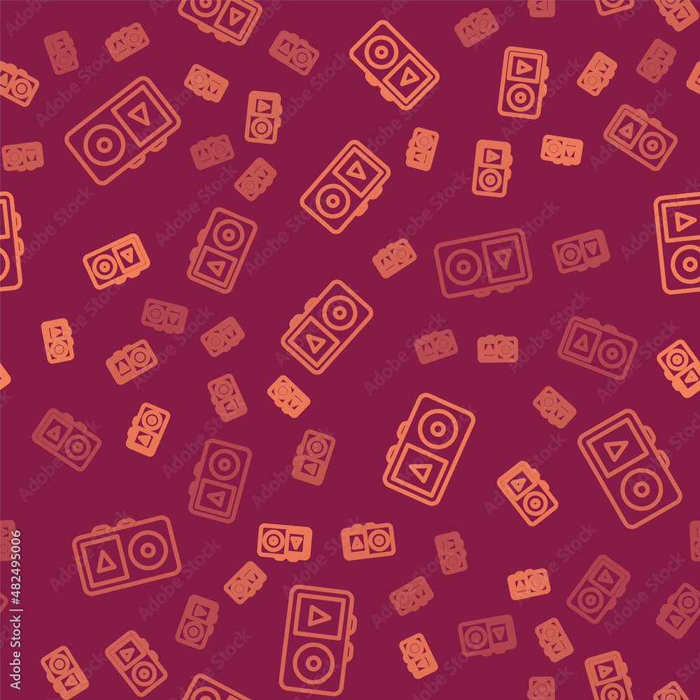 Poster brown line music player icon isolated seamless pattern on red background. portable music device. vec