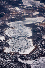 Aerial view of ice formations on pond
