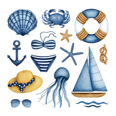 Nautical Summer Sea Vacation watercolor set. Sailboat, Yacht equipment - Anchor, Lifebuoy. Beach accessory - Bikini Swimsuit, Straw Hat. Underwater Animals. Hand drawn Marine design elements isolated