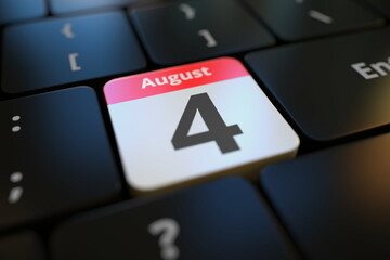 August 4 date on a keyboard key, 3d rendering