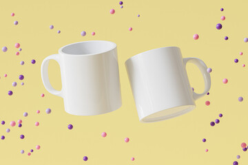 Mockup with white mug, cup for tea or coffee on yellow background, blank template for your design, branding, business. 3d render
