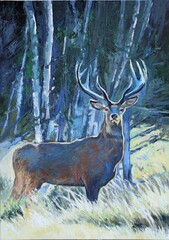 Deer on the edge of the forest in spring. Oil painting on canvas in shades of blue. Impression.