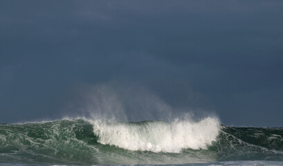 Seascape. Powerful ocean wave on the surface of the ocean. Wave breaks on a shallow bank. Stormy weather, stormy clouds sky background.