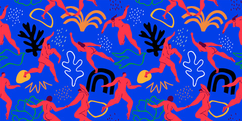 Colorful red people dancing on bright color background with tropical nature decoration. Abstract contemporary dance seamless pattern illustration. Diverse men and women body summer design.