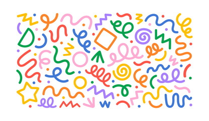 Fun colorful line doodle shape set. Creative minimalist style art symbol collection for children or party celebration with basic shapes. Simple upbeat childish drawing scribble decoration. - Powered by Adobe