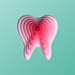 Realistic 3D paper cut human tooth illustration. Layered colorful dental organ for dentist surgery, wisdom teeth removal or toothache pain concept.
